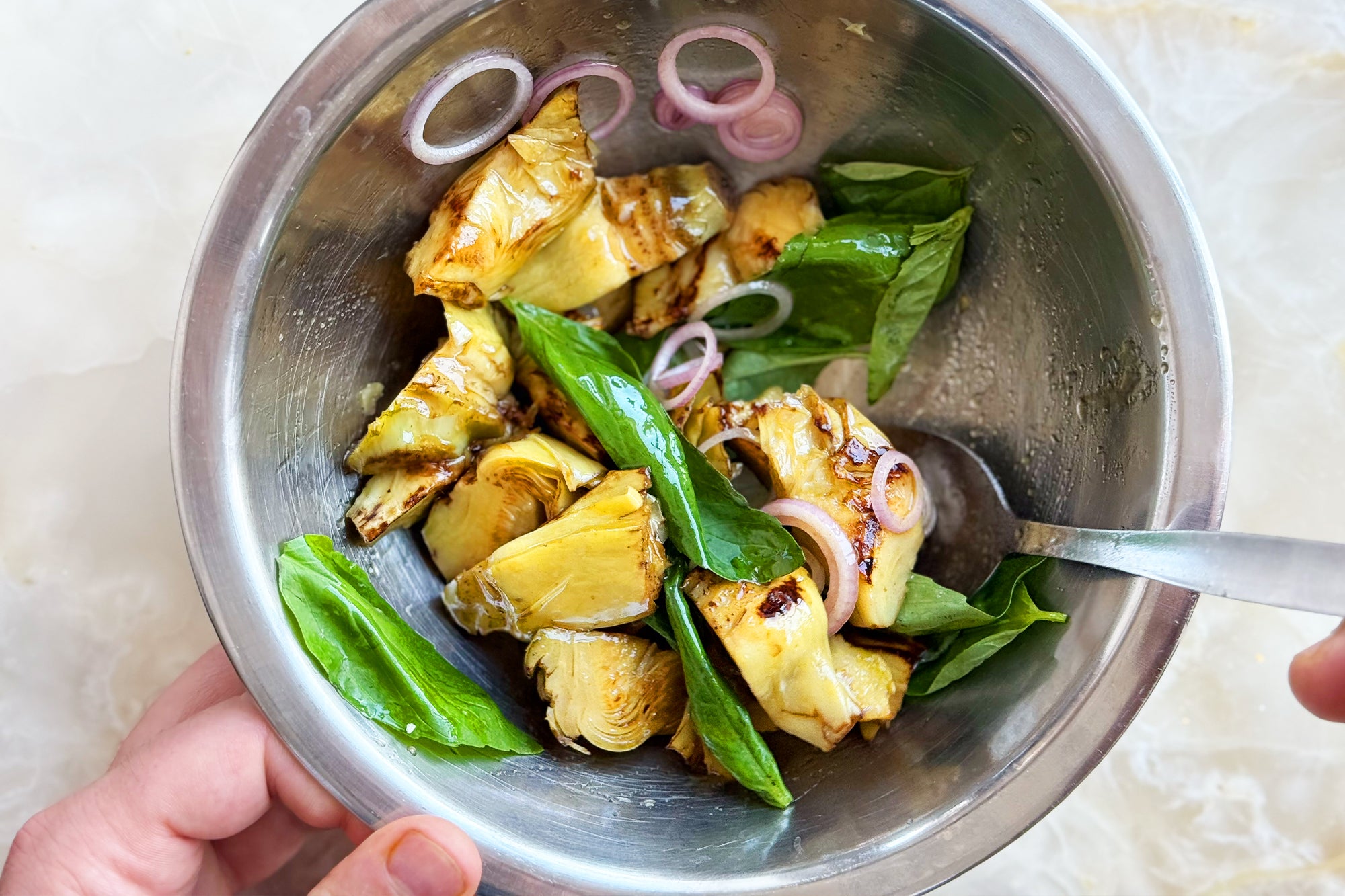 Jarred artichoke salad with almond tarator