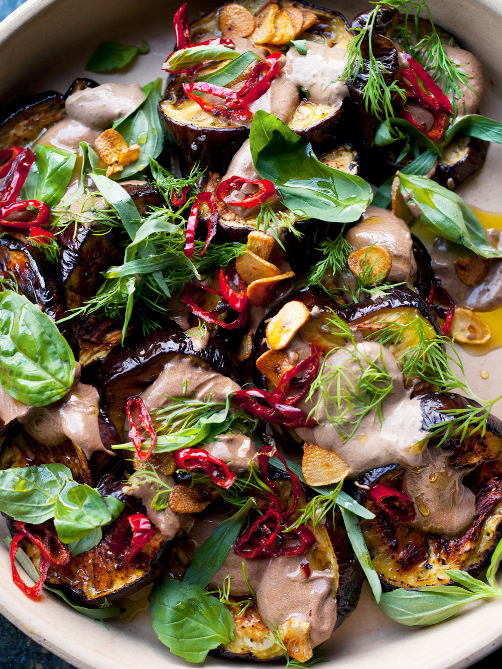 Aubergine with black garlic-image