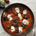Baby aubergines in tomato sauce with anchovy and dill yoghurt