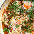 Braised eggs with beef, smoked aubergine and tomato