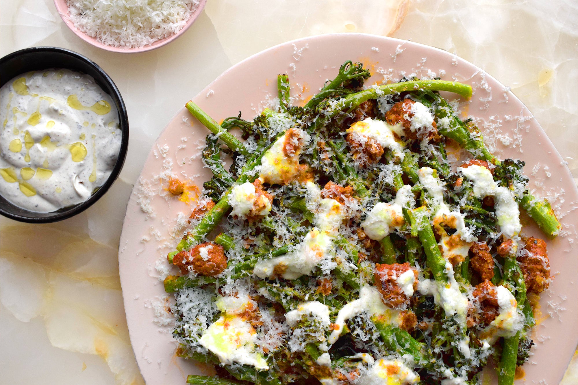Broccolini with chorizo, manchego and caraway seed creme fraiche