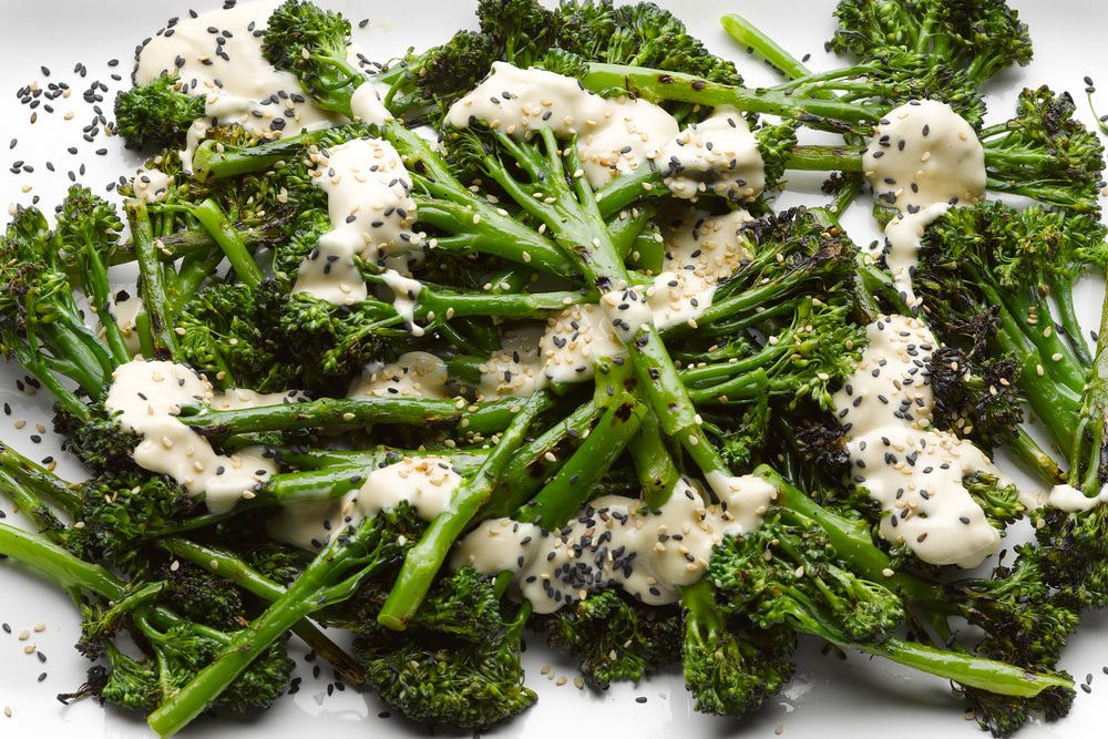 Char grilled sprouting broccoli with sweet tahini