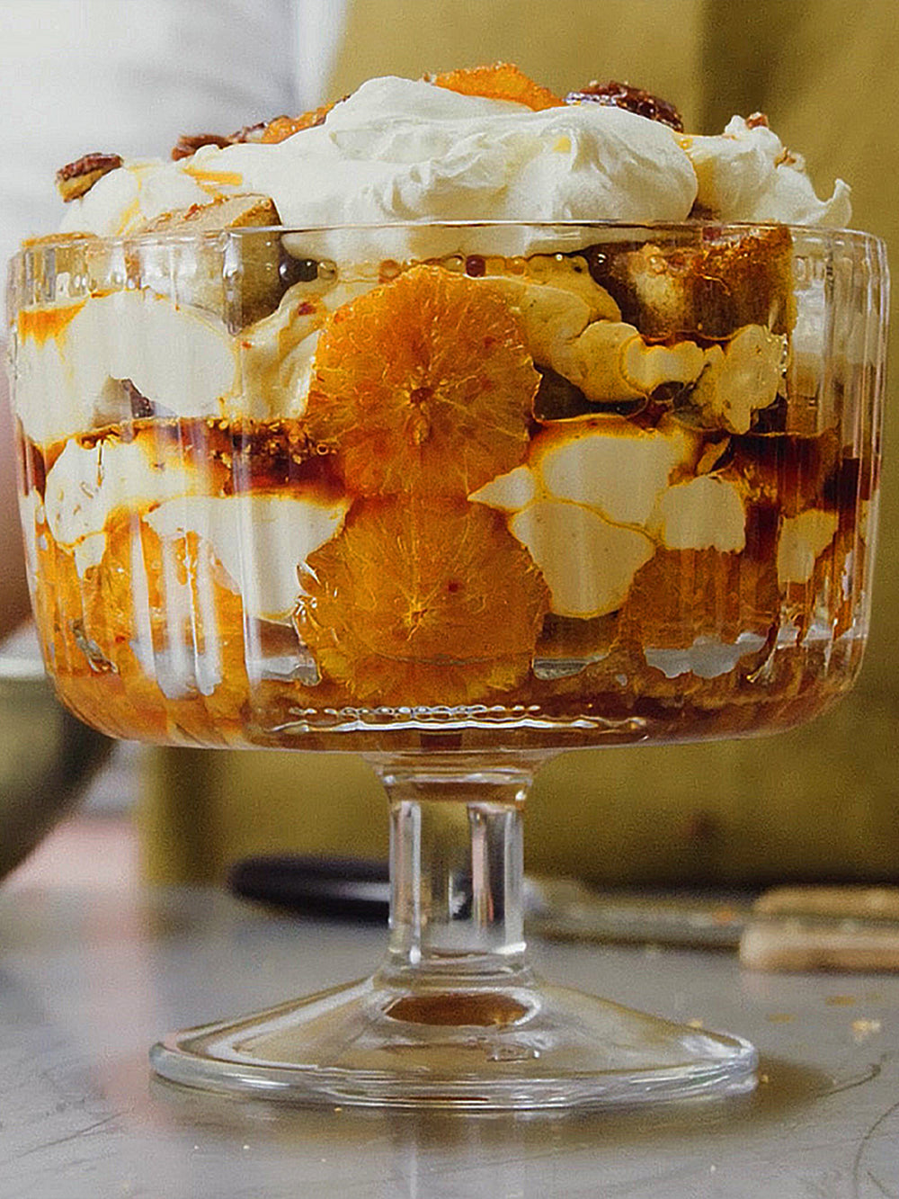 Chestnut and caramelised clementine trifle with Aleppo and orange blossom