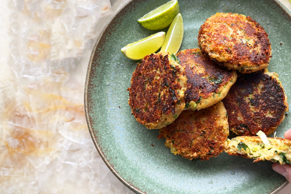 Chorizo, banana and prawn cakes with harissa yoghurt