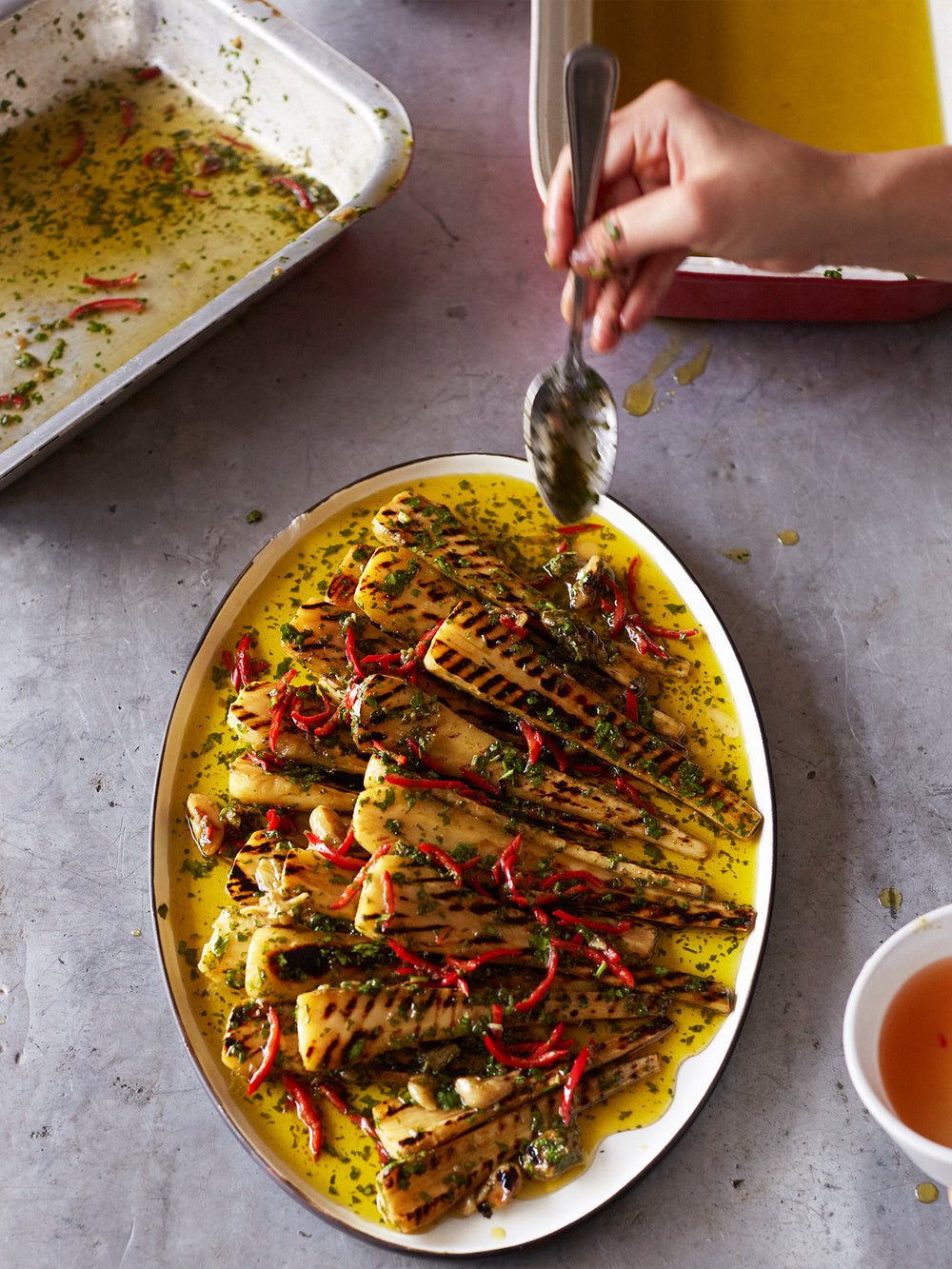 Confit and grilled parsnips with herbs and vinegar