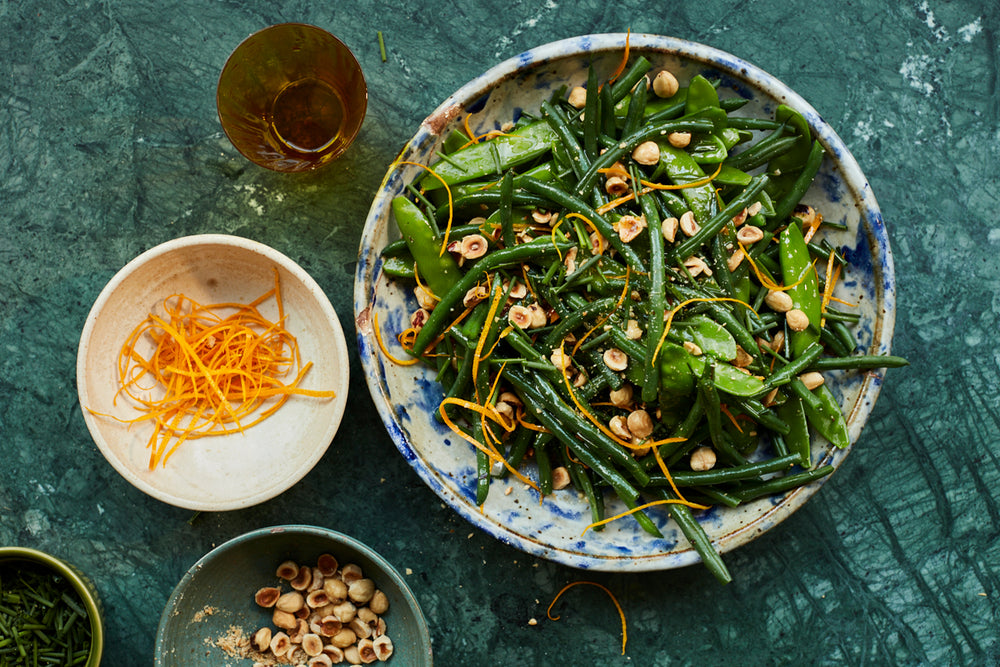 French beans and mangetout with hazelnut and orange