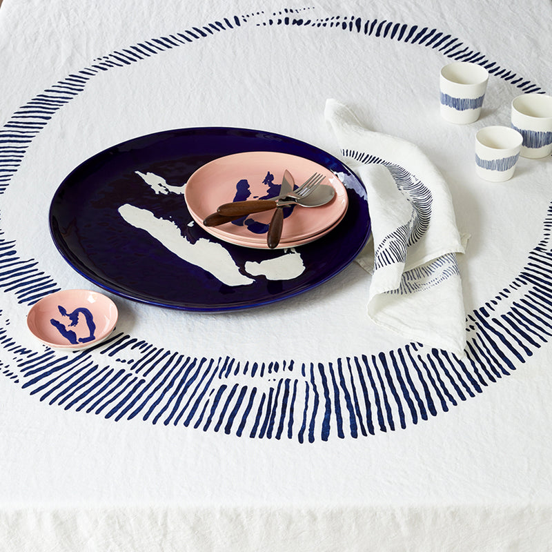 White Linen Tablecloth with Blue Stripe Print