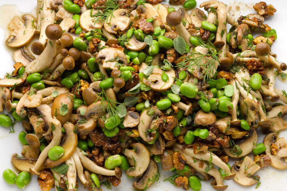 Marinated mushrooms with walnut and tahini yoghurt