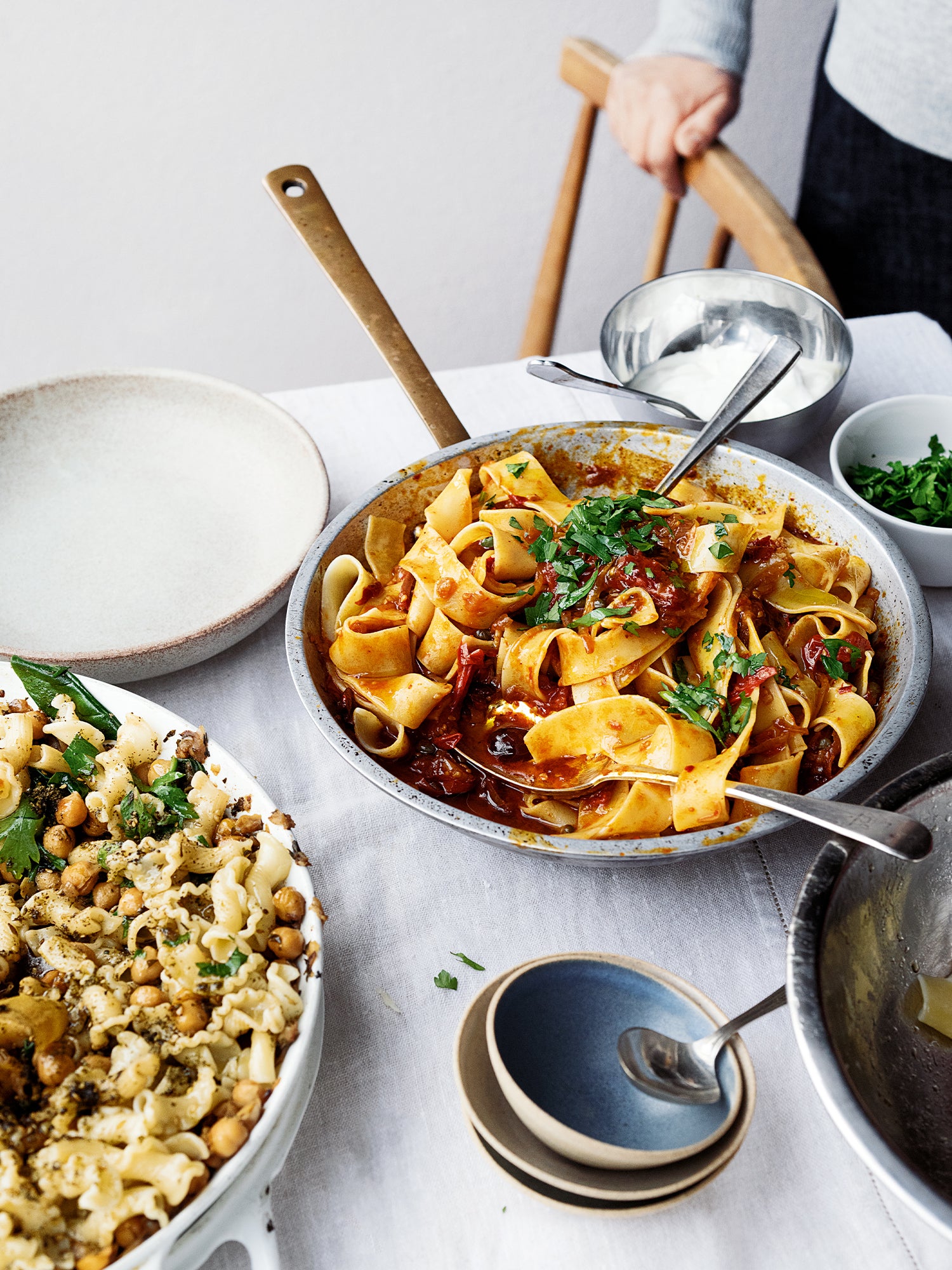 Pappardelle with rose harissa, black olive and capers