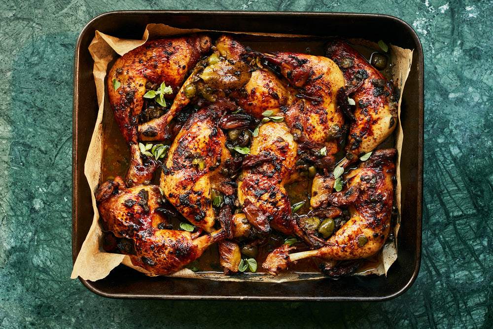Roast chicken with dates, olives and capers