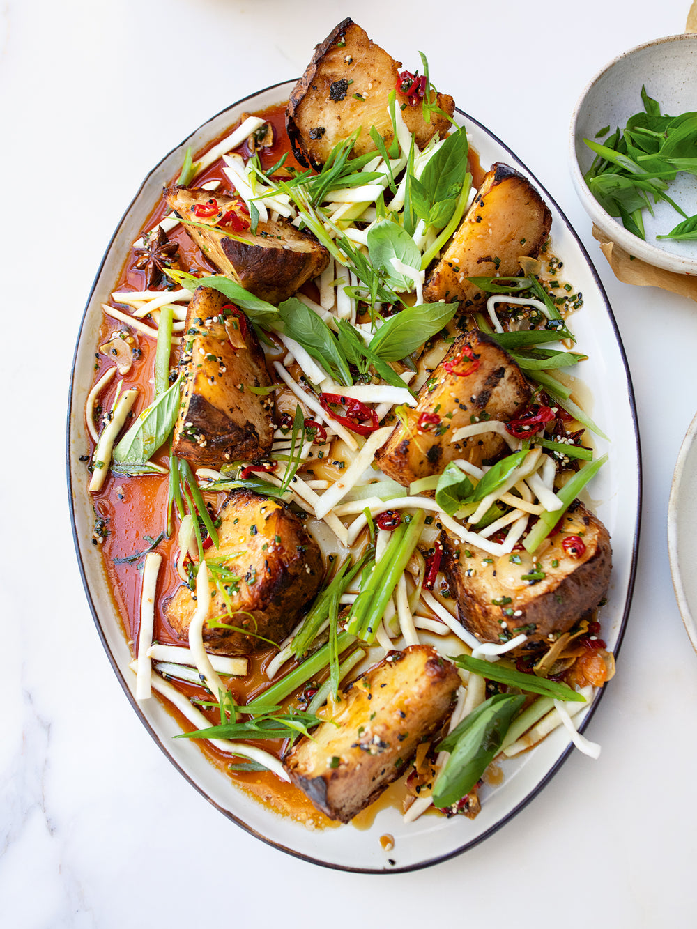 Roasted and pickled celeriac with sweet chilli dressing