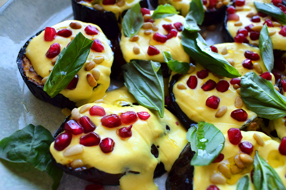 Roasted aubergine with saffron yoghurt