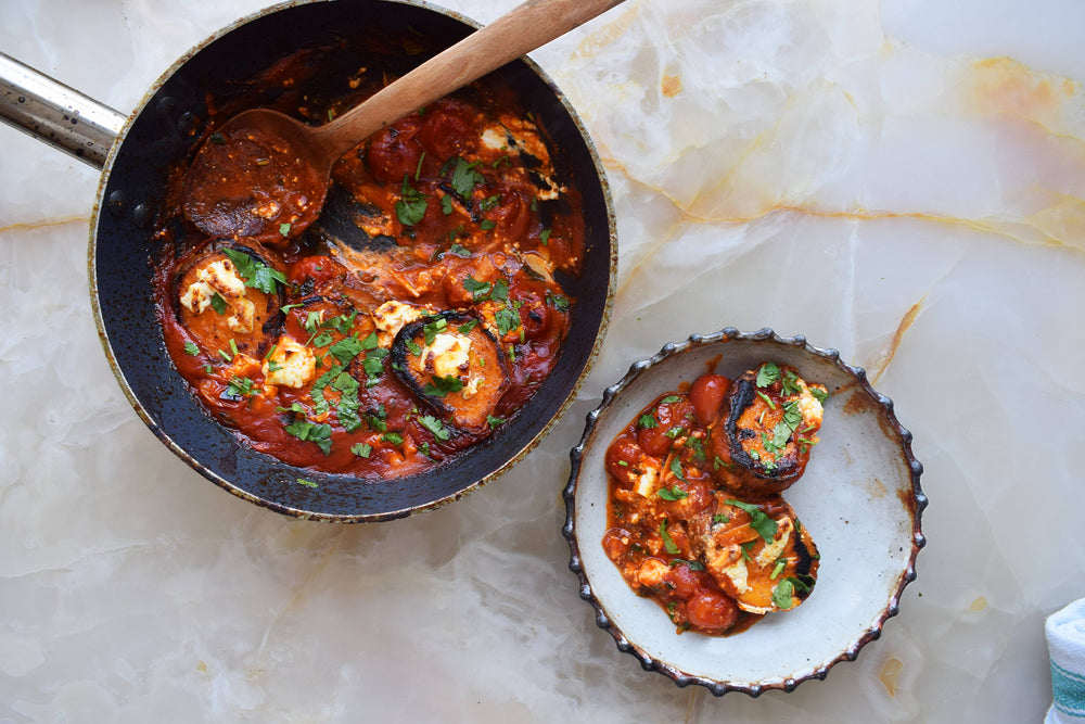 Roasted sweet potato, tomato sauce and feta