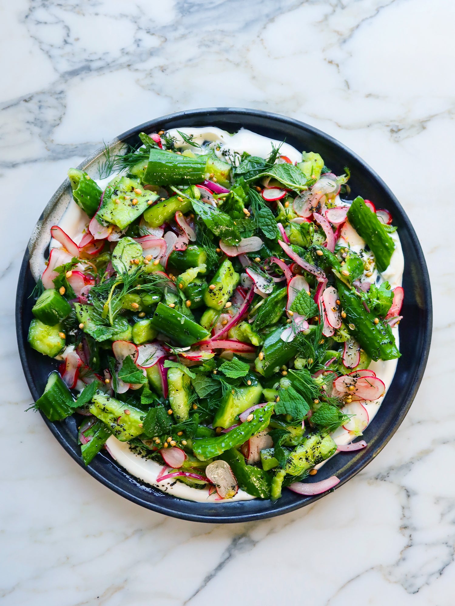 Smacked cucumber salad with sumac onions and radishes