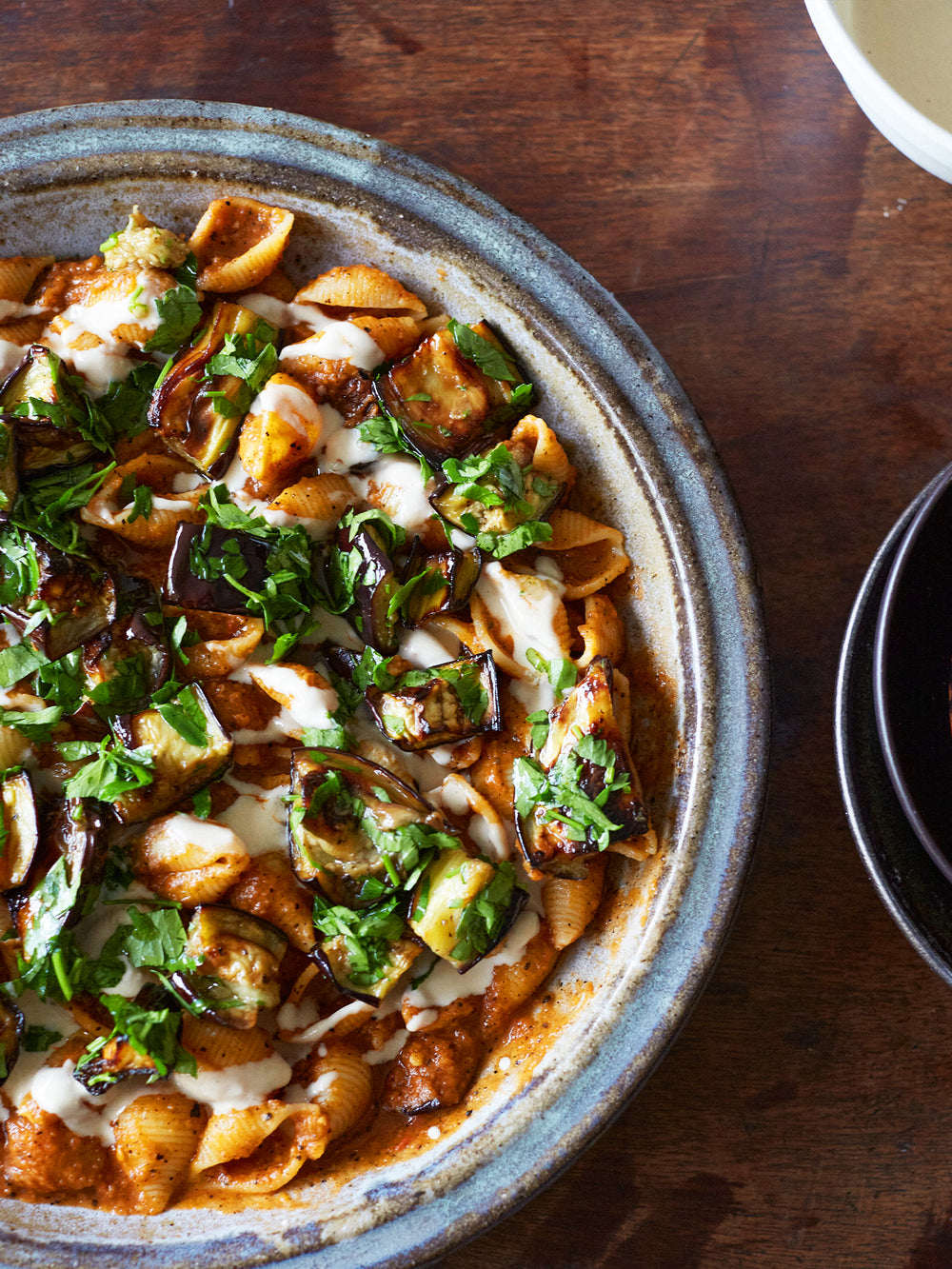 Smoky, creamy pasta with burnt aubergine and tahini-image