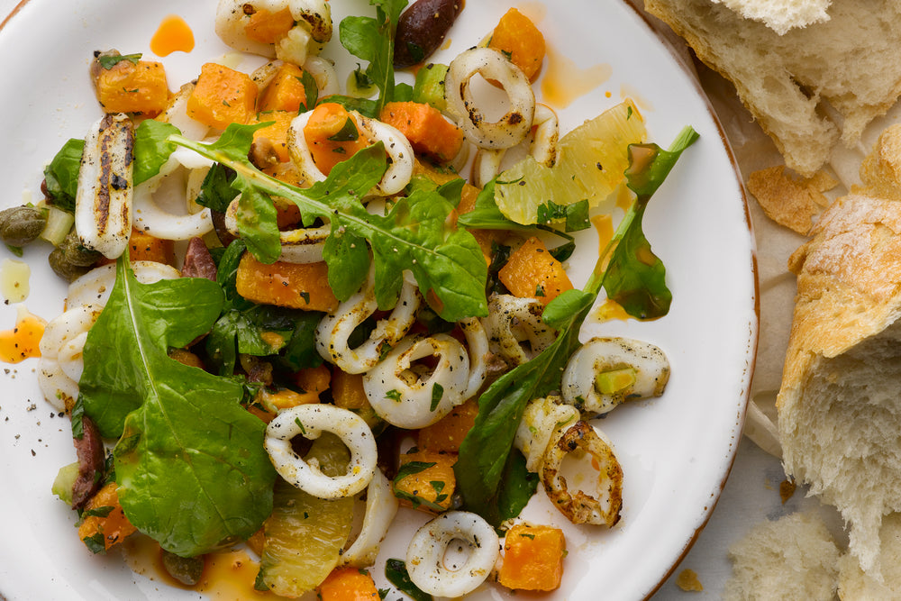 Squid with sweet potato and lemon salsa