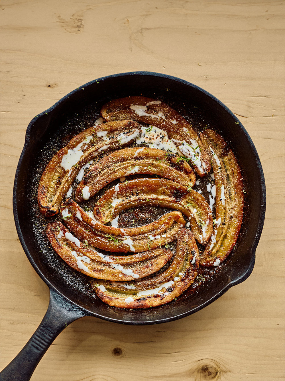 Sticky miso bananas with lime and toasted rice