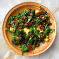 Tofu with purple sprouting broccoli and spicy peanut oil