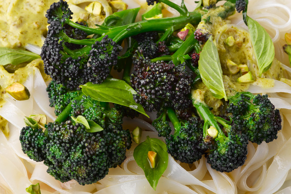 Purple sprouting broccoli with rice noodles