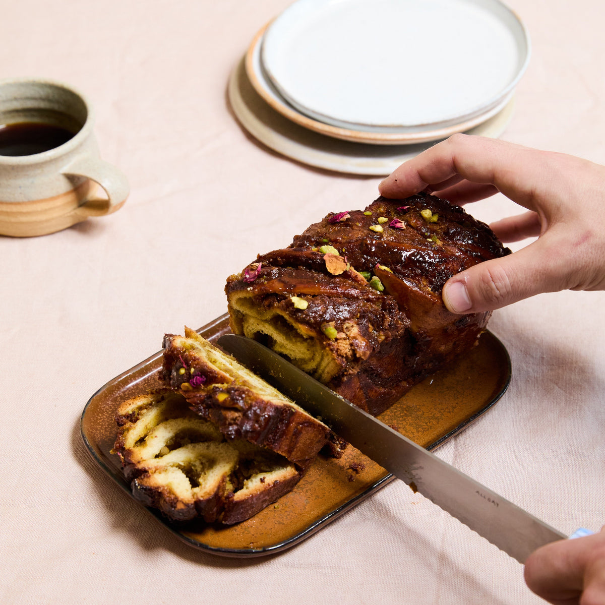 Pistachio Babka - being cut