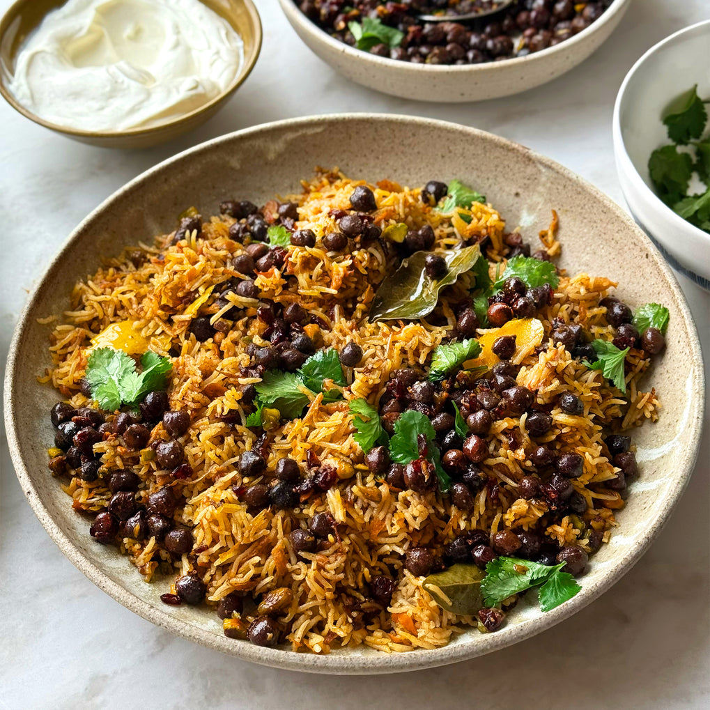 Afghani pulao with black chickpea salsa