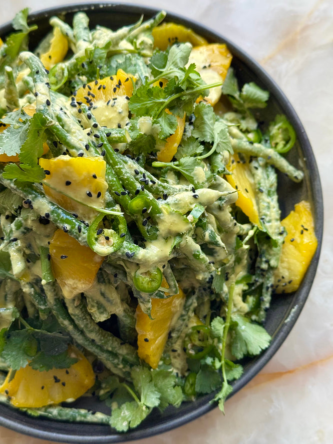 Green beans and roasted pineapple with jalapeno dressing