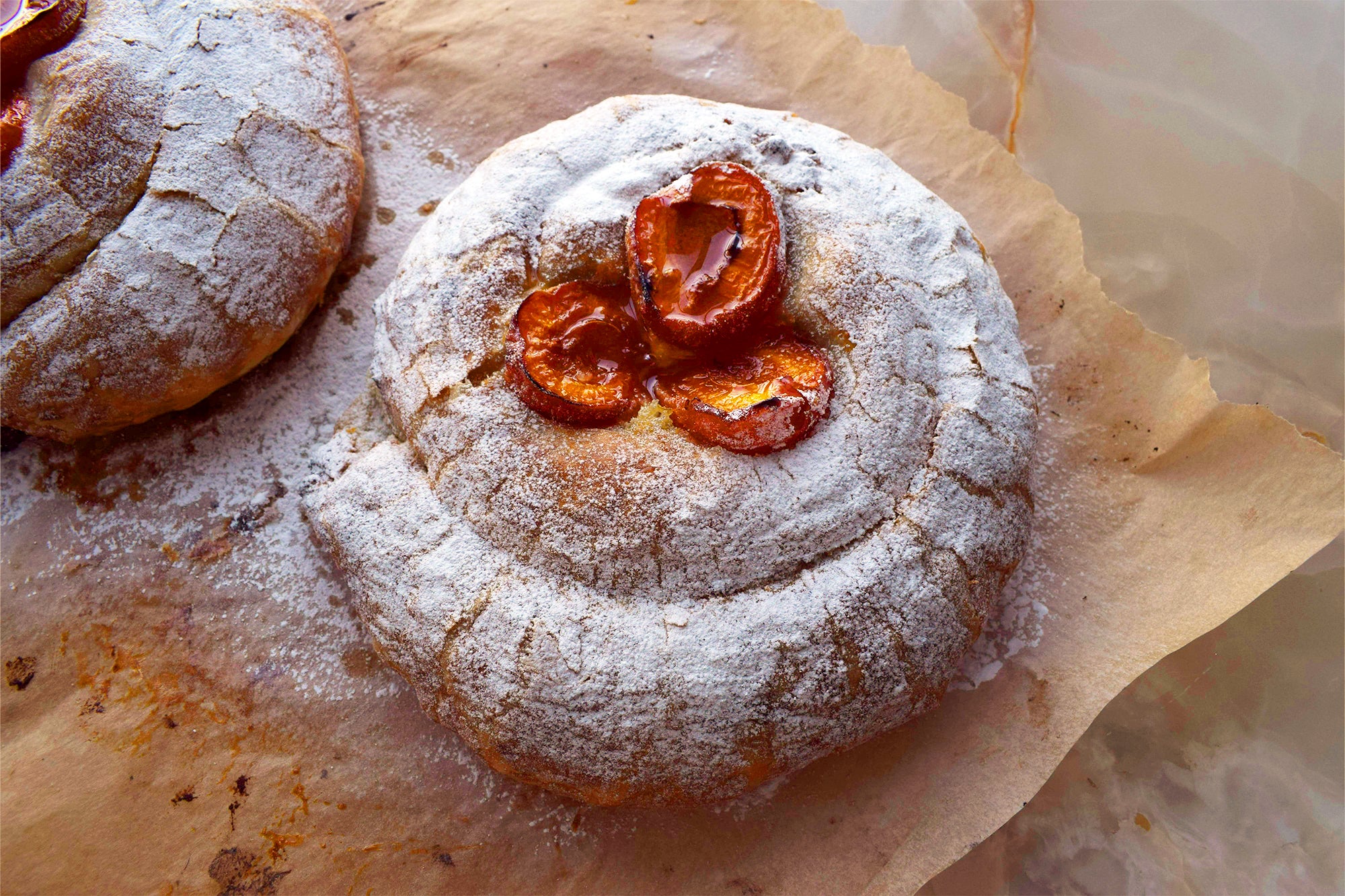 Apricot and almond ensaimada