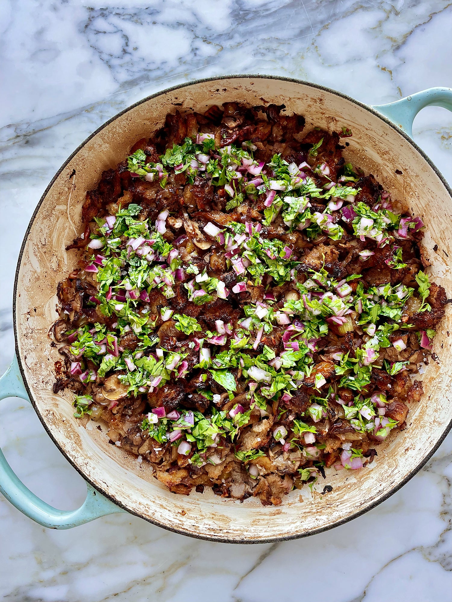 Apricot and pecan stuffing with green sauce