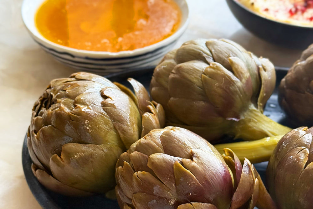 Artichokes with pink peppercorn aïoli and anchovy butter