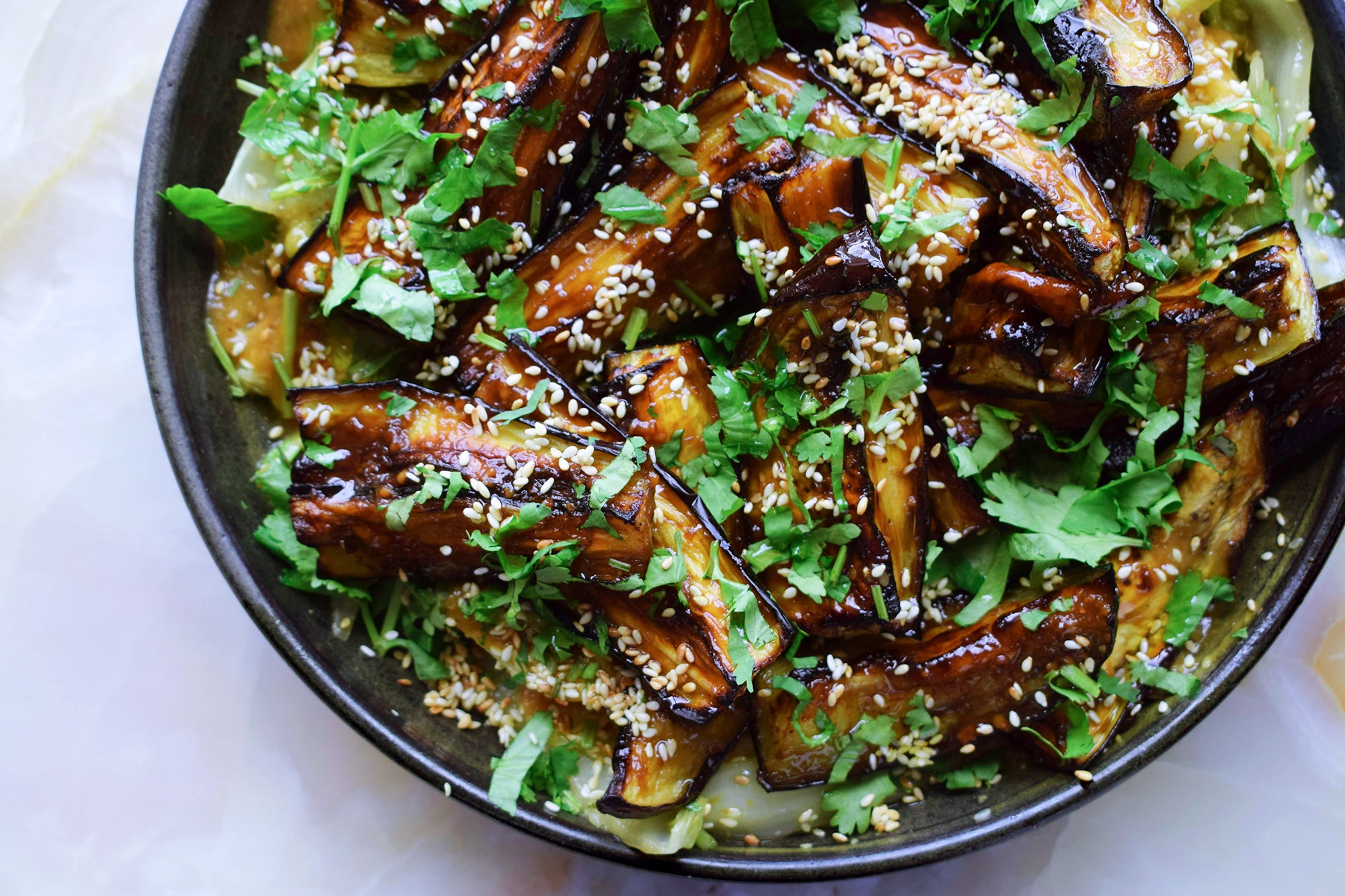 Aubergine with miso and Chinese cabbage