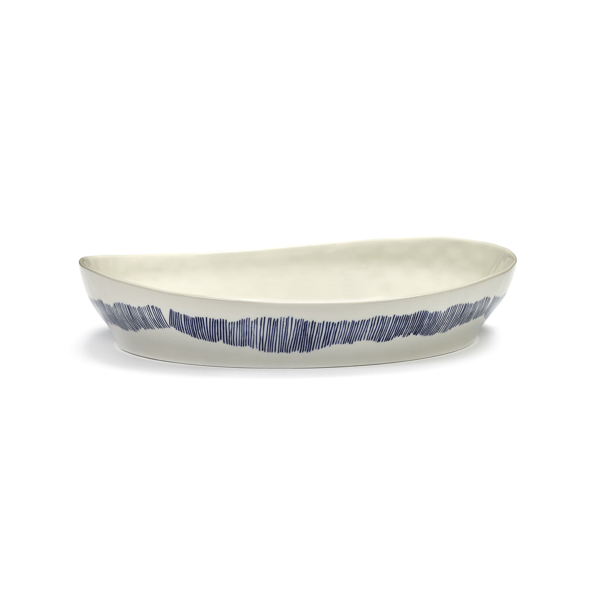 White High Side Serving Plate with Blue Stripes