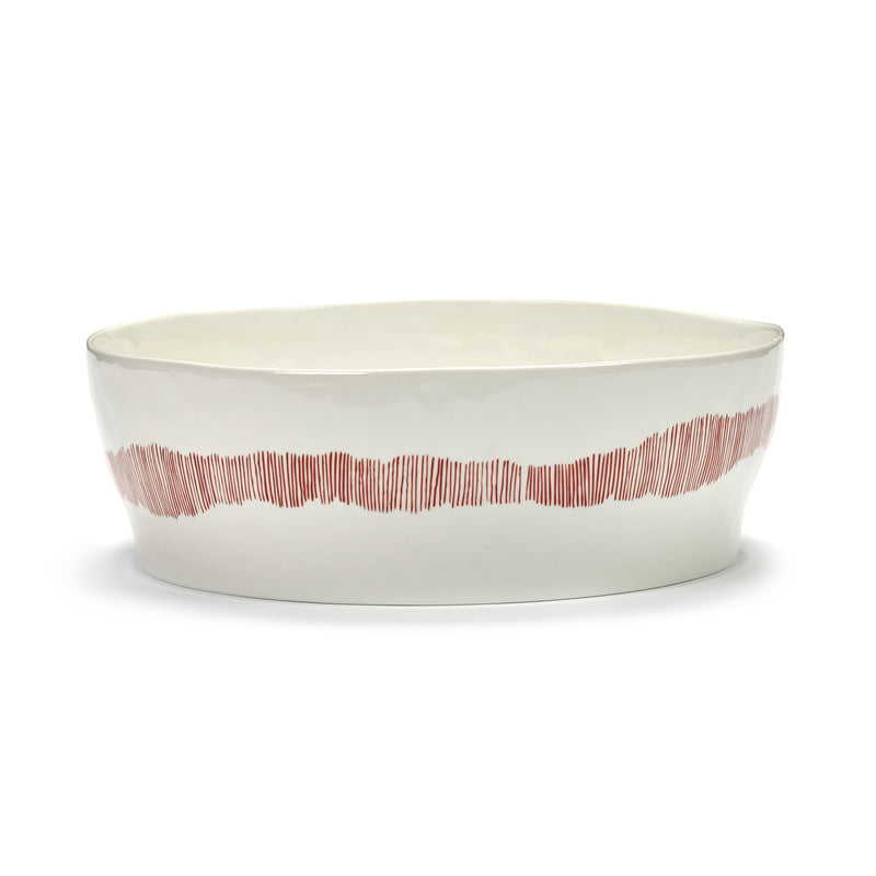 White Salad Bowl with Red Stripes