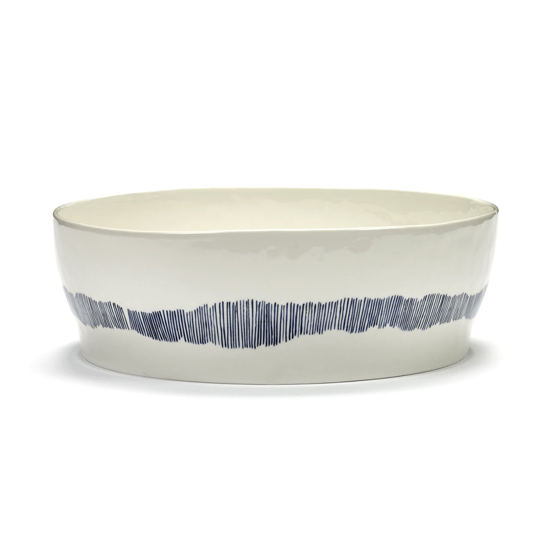 White Salad Bowl with Blue Stripes