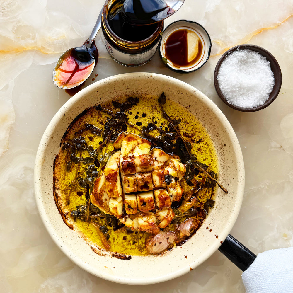 Baked halloumi with fennel and carob syrup 
