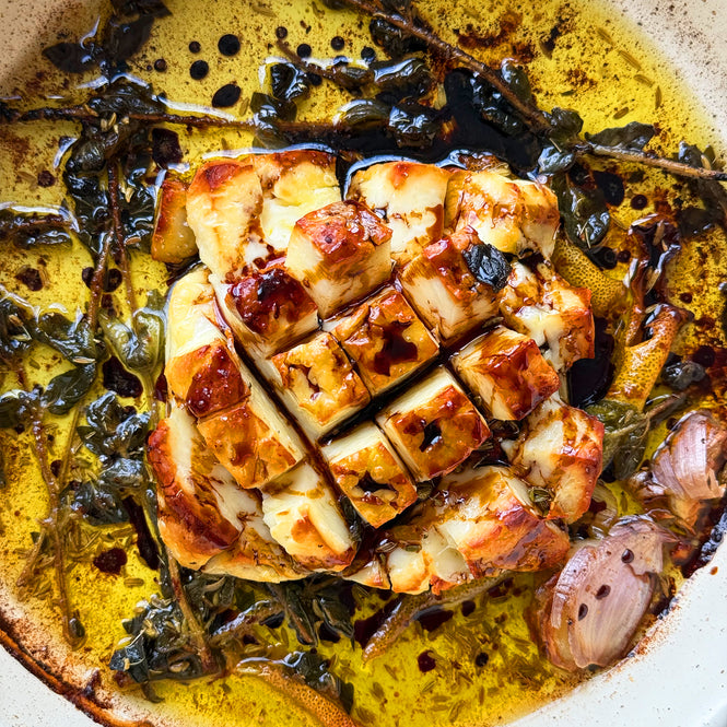 Baked halloumi with fennel and carob syrup 