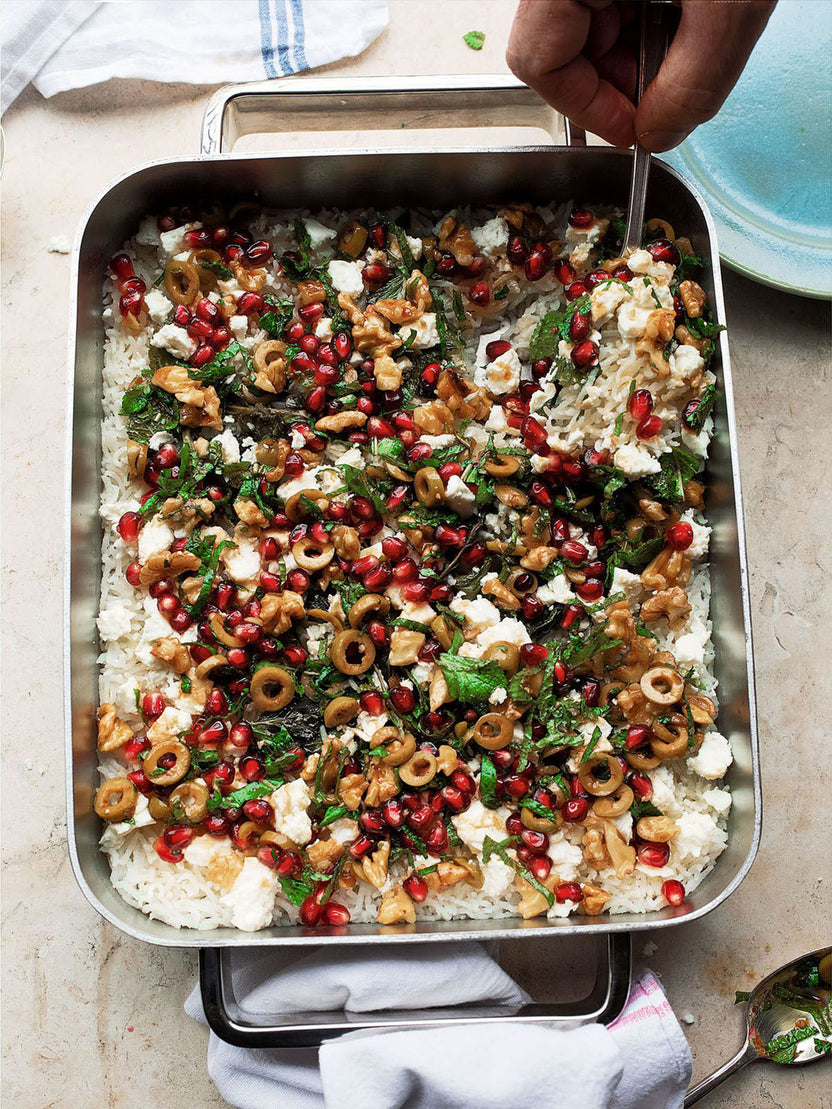 Baked mint rice with pomegranate and olive salsa | Ottolenghi Recipes