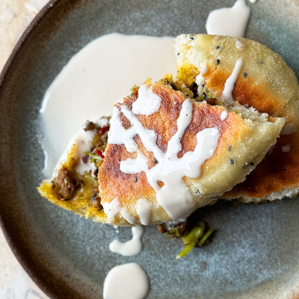 Leek and lamb stuffed Batbout 
