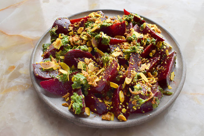 Beetroot with green miso dressing and nori almonds