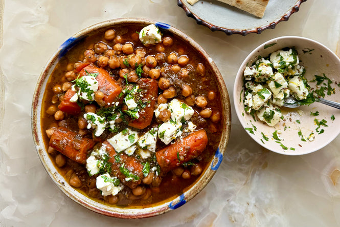 Braised chickpeas with carrots, dates and feta