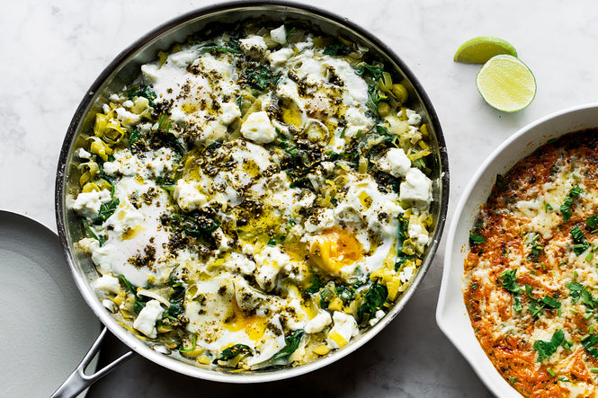 Braised eggs with leek and za'atar