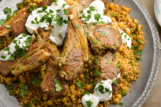 Braised lamb with maftoul and chickpeas