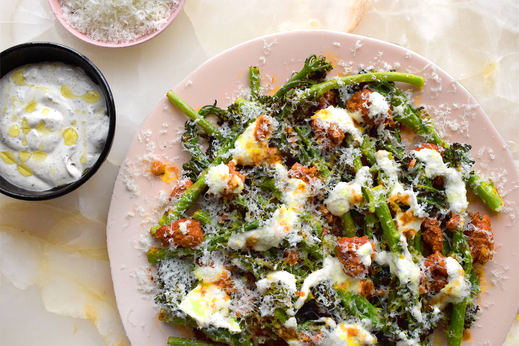  Broccolini with chorizo, manchego and caraway seed creme fraiche