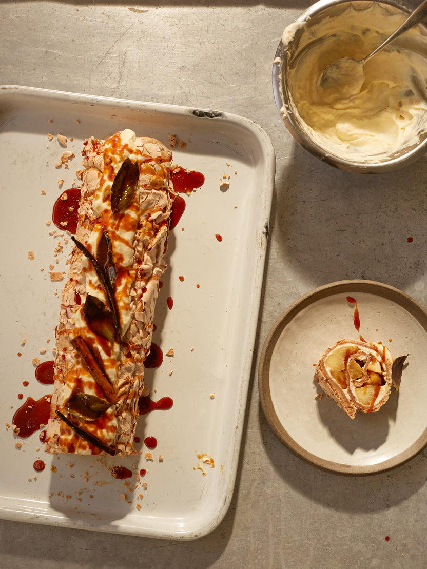 Brown sugar meringue roulade with burnt honey apples | Ottolenghi