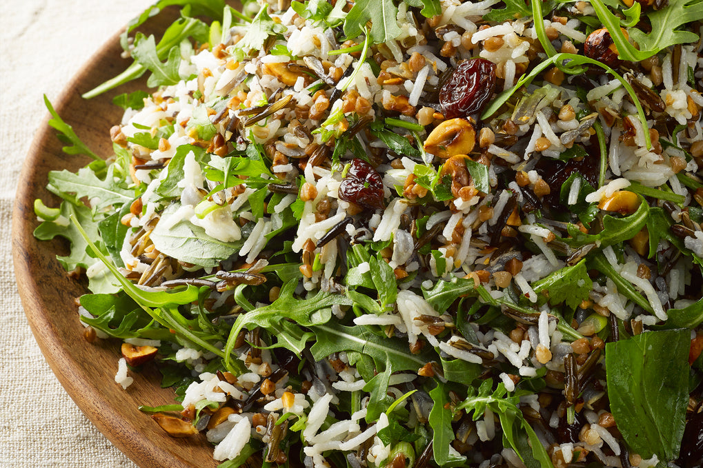 Buckwheat and rice salad with dried cherries and hazelnuts