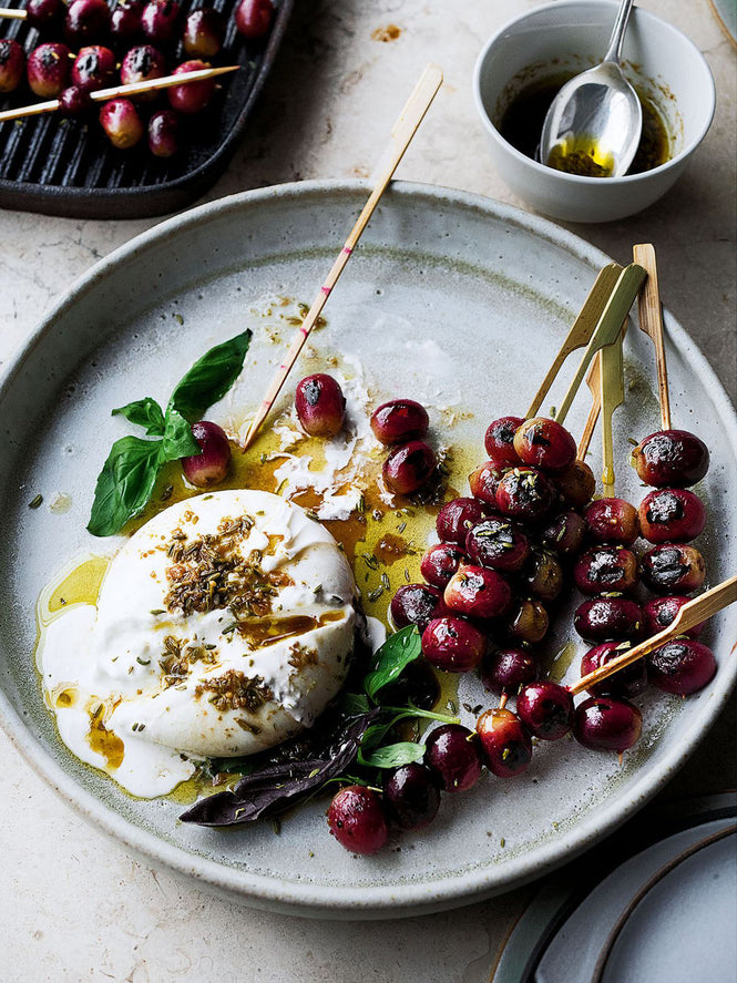 Burrata with chargrilled grapes and basil