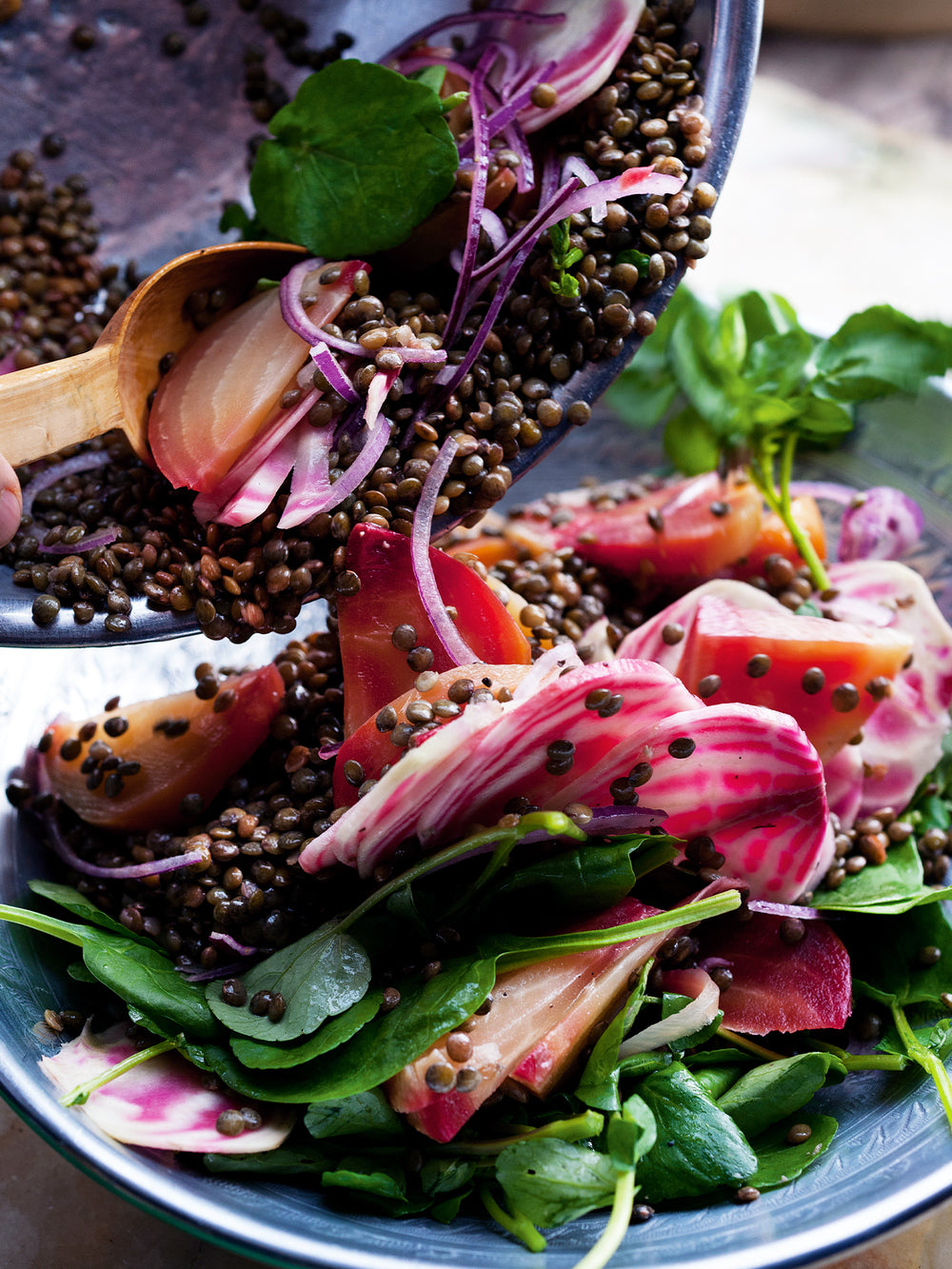 Candy beetroot with lentils and yuzu