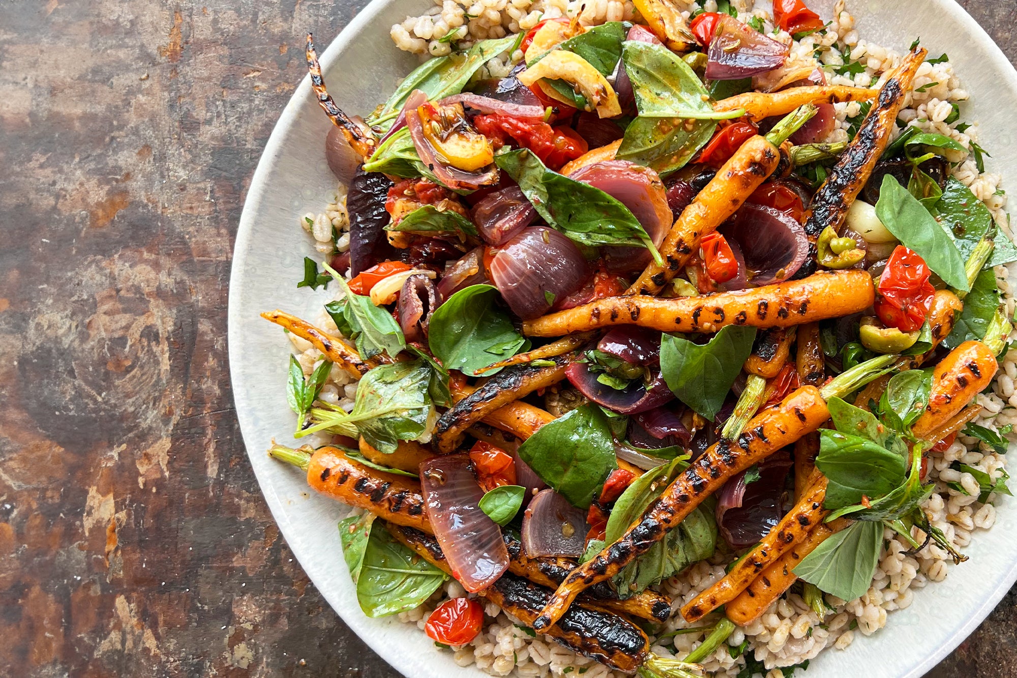 Carrot, lemon, roasted tomato and barley salad