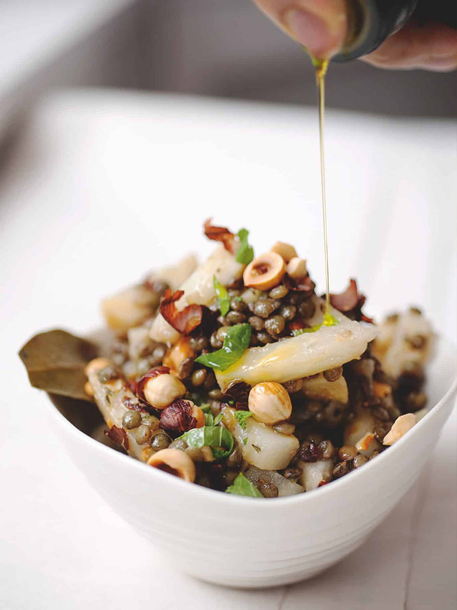 Celeriac and lentils with hazelnuts and mint