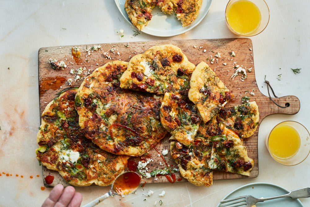 Cheese, chorizo & spring onion pancakes | Ottolenghi Recipes