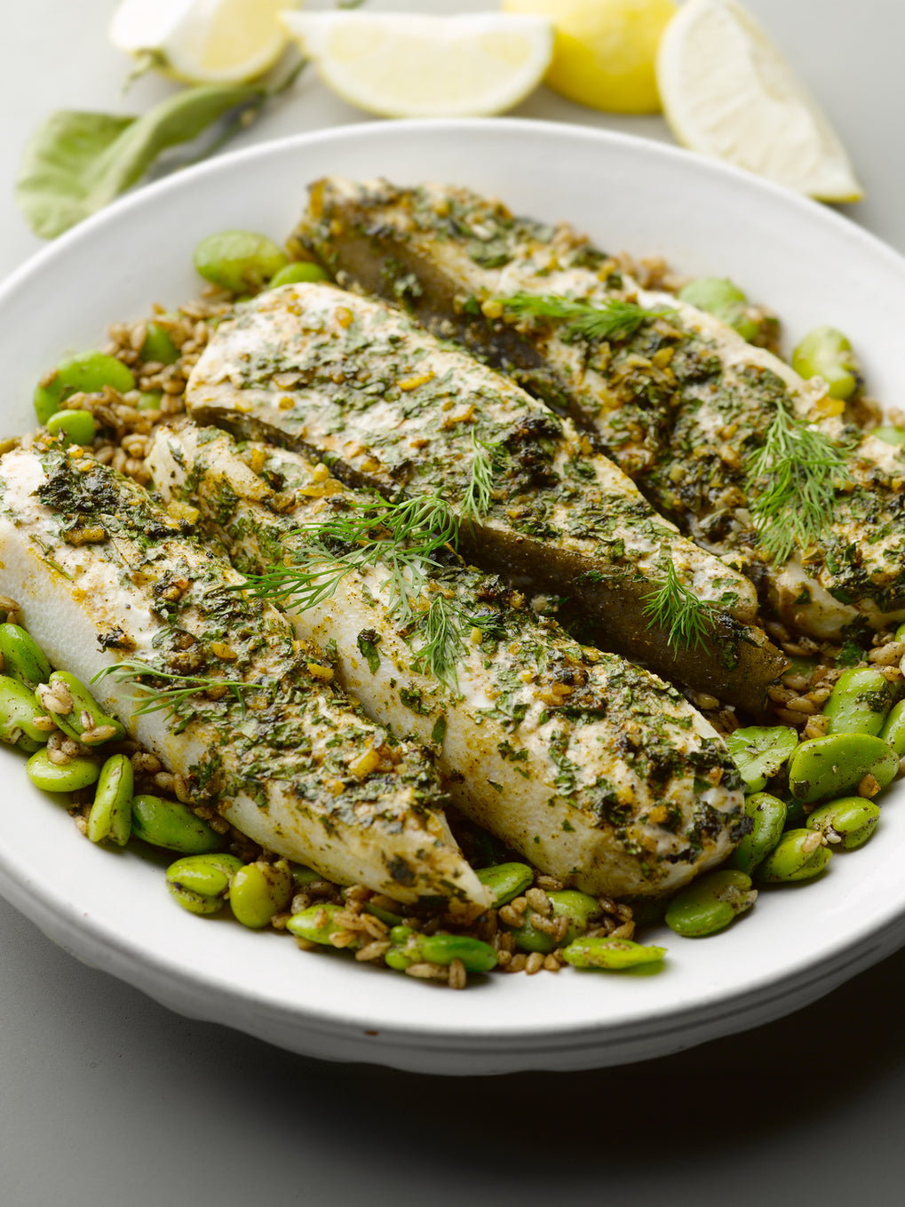 Chermoula-basted halibut with farro